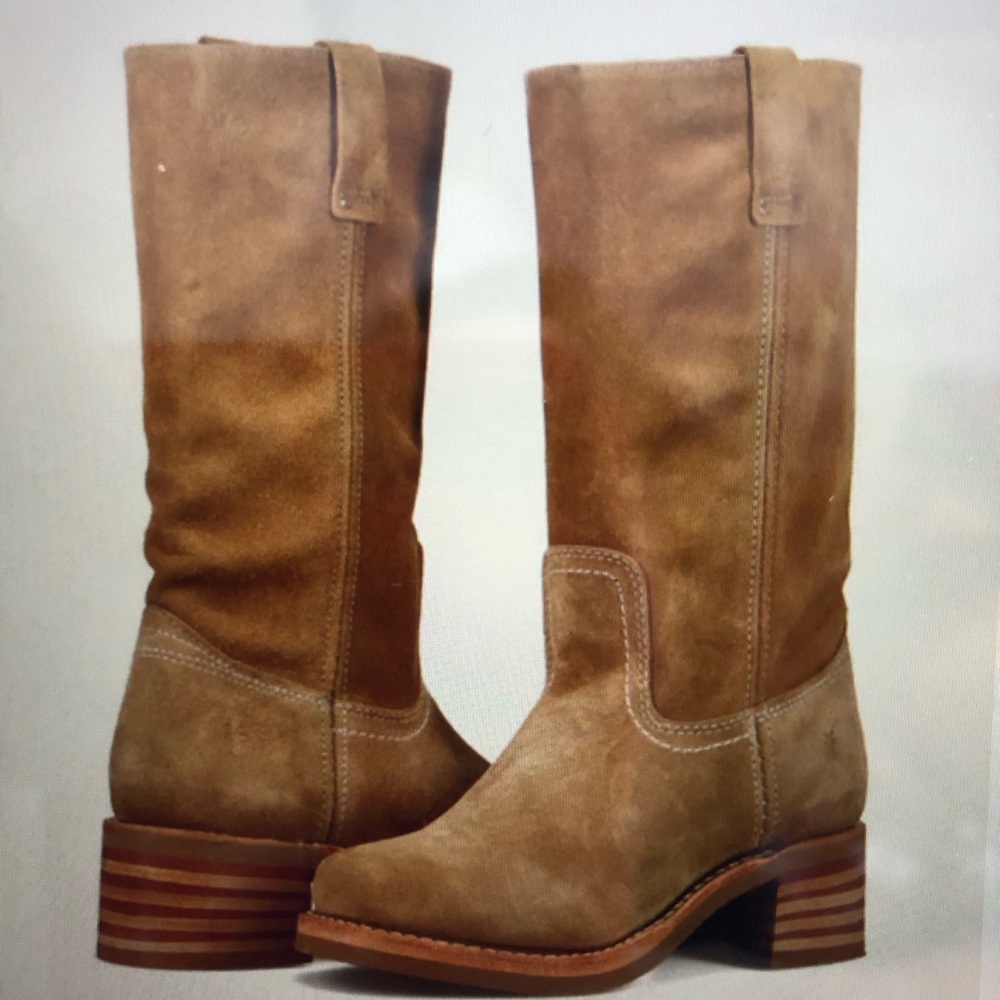 FRYE CAMPUS 12R Tan Mid Calf Suede Leather Boots Stacked wood heel Round toe 6.5
